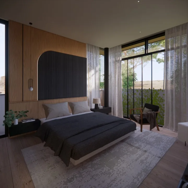 Vanashray design visualisation, bedroom with balcony