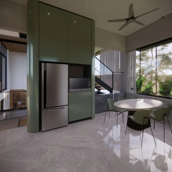 Vanashray design visualisation, dining and kitchen junction