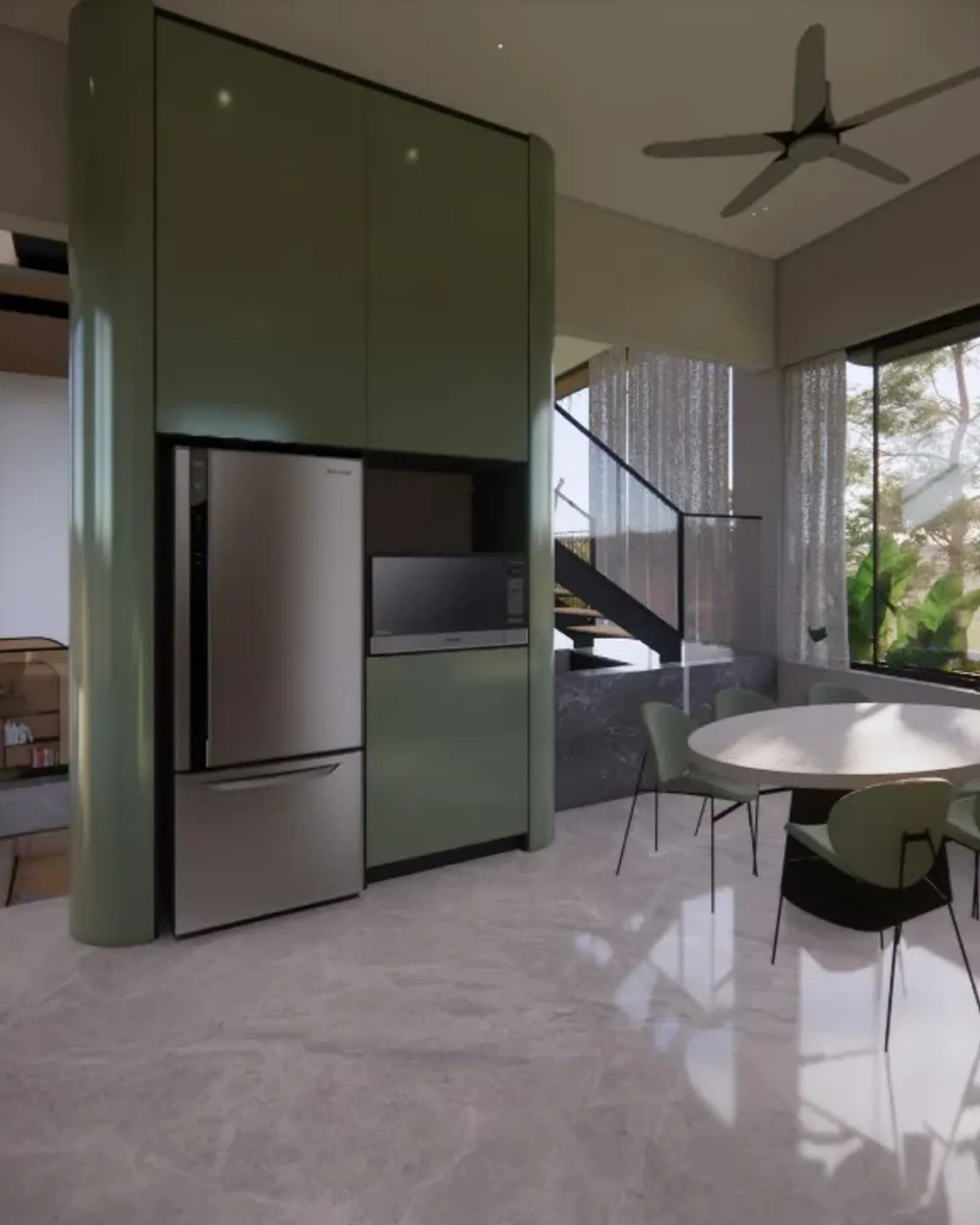 Vanashray interior design visualisation, dining and living by PlinthFlow